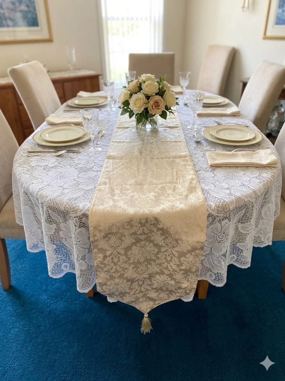 Elegant Damask Table Runner with Tassels – Classic Pattern Home Decor